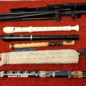 Wood Flutes, Recorders Lot. Vintage Peru + ? Hand Made. 2 Recorders. Music Stand